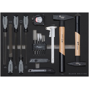 BLACK EDITION sada nářadí 26 ks – kladiva, pilníky, dláta a měřidla ve vložce do dílenského vozíku