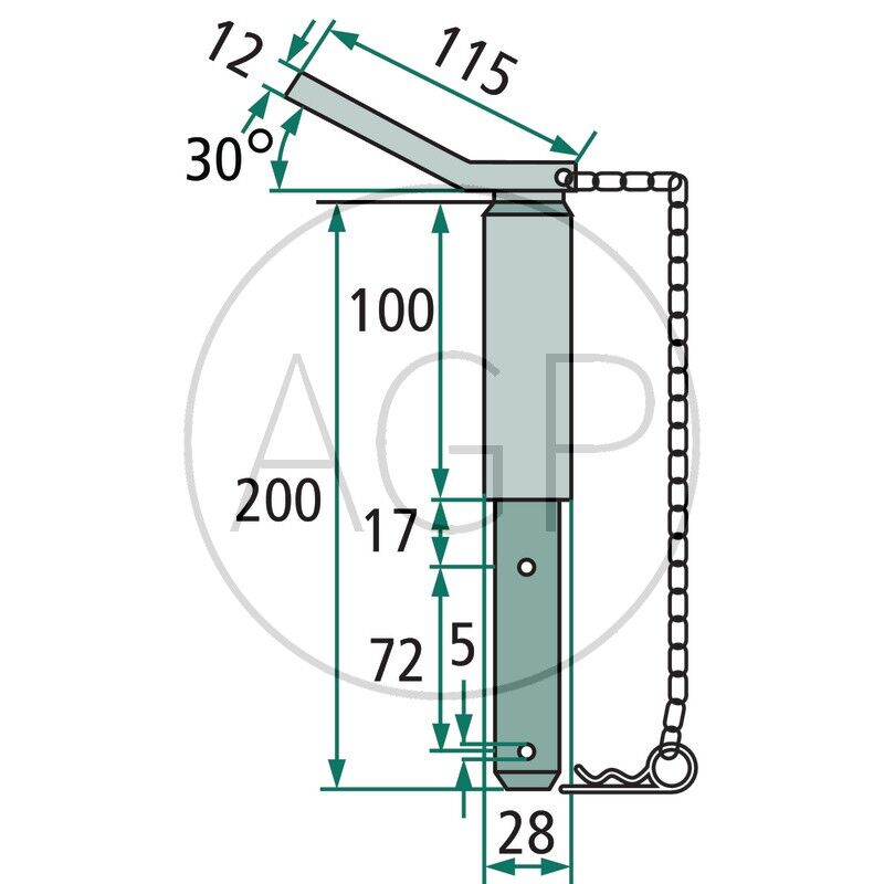 Kolík kat. 1-2 pro spodní závěs třetího bodu s řetězem a závlačkou o délce 200 mm
