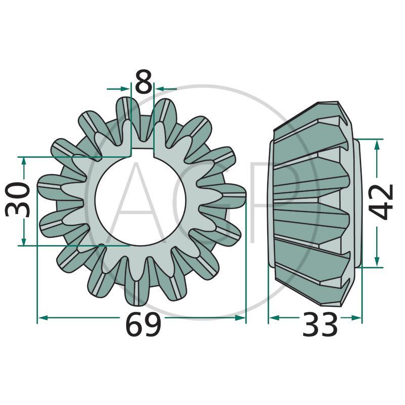 Kuželové ozubené kolo, 15 zubů, vhodné pro Kuhn, na sérii GF
