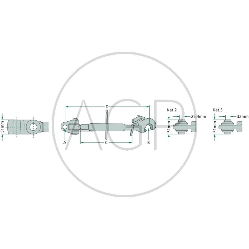 Třetí bod s upínacím hákem a kloubem kat. 2-3 pracovní délka 700-1020 mm