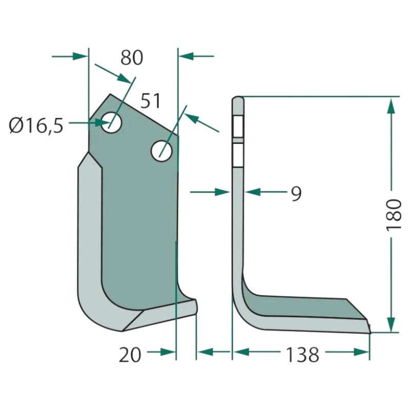 Pravý nůž pro rotavátory Howard Rotavator o délce 180 mm a šířce 138 mm