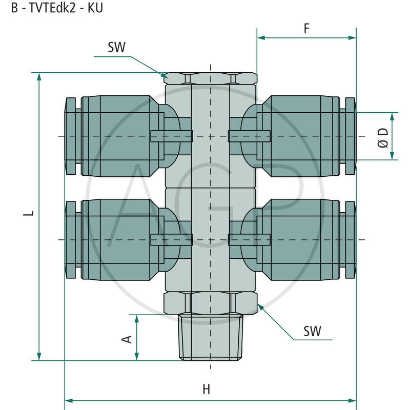 B-TVTEdk2-4-1/8-KU T-rozdělovač-šroubení