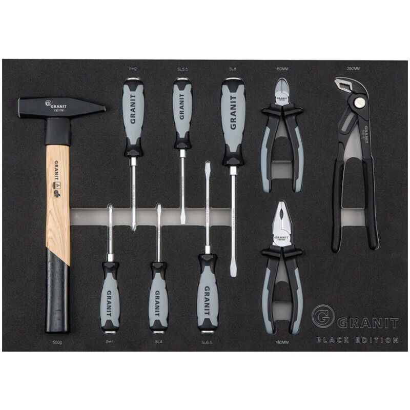 BLACK EDITION sada nářadí šroubováky, kladivo a kleště v pěnové vložce do dílenského vozíku