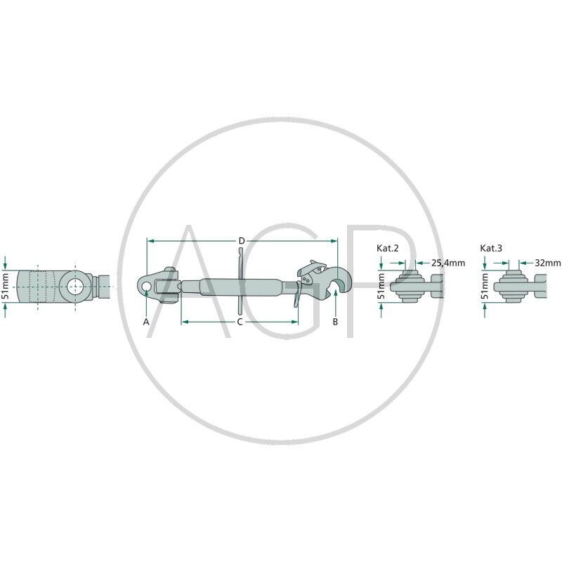 Třetí bod s upínacím hákem a kloubem kat. 3-3 pracovní délka 760-1080 mm