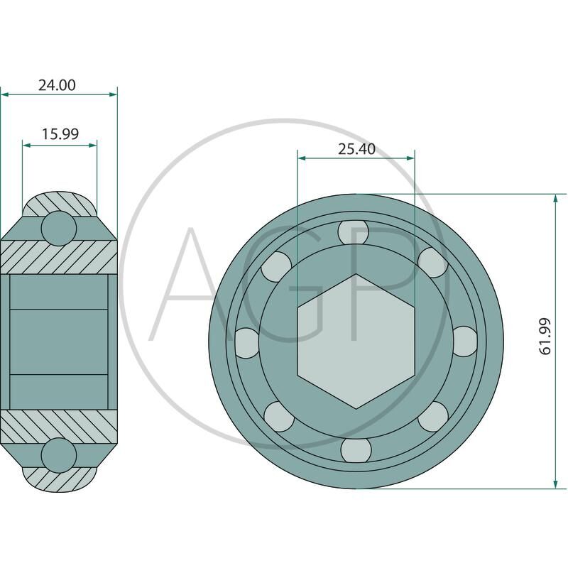 Ložisko s vnitřním šestihranem vhodné pro John Deere 25,4 x 61,99 x 24 mm