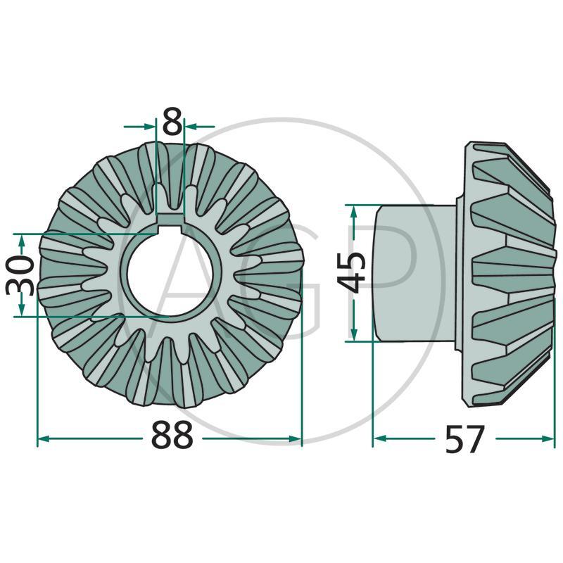 Kuželové ozubené kolo vhodné pro Deutz-Fahr, Pöttinger, Vicon/PZ, 16 zubů, na série KH 20D, 40D, 400DN, 500DN, 700