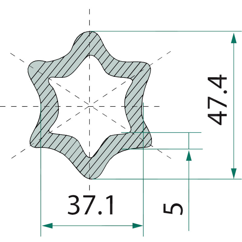 Trubka ke kardanové hřídeli s profilem hvězda o rozměru 47,4 x 37,1 mm o délce 1 m