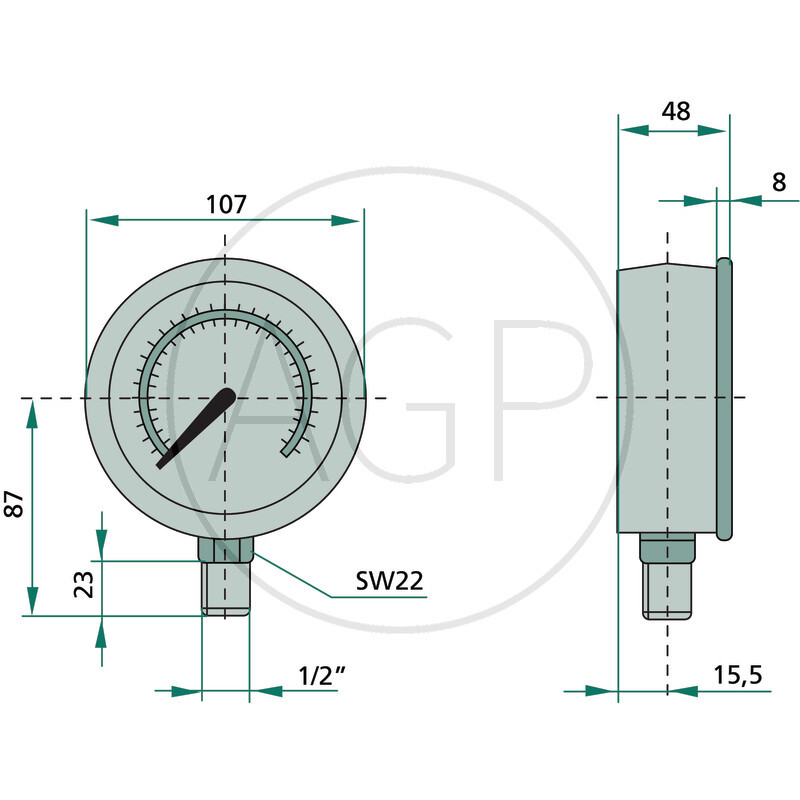 Stauff manometr 25 bar o průměru 100mm - 1/2