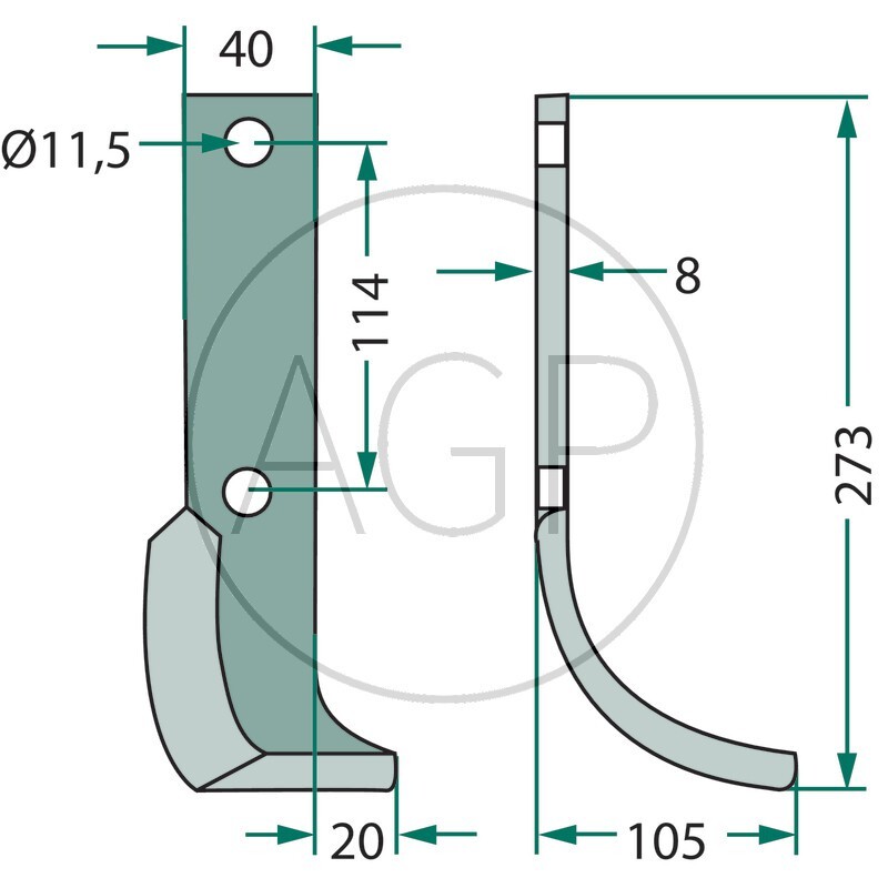 Frézovací nůž pravý klenutý 273 x 105 vhodný pro Howard půdní frézy, rotavátory