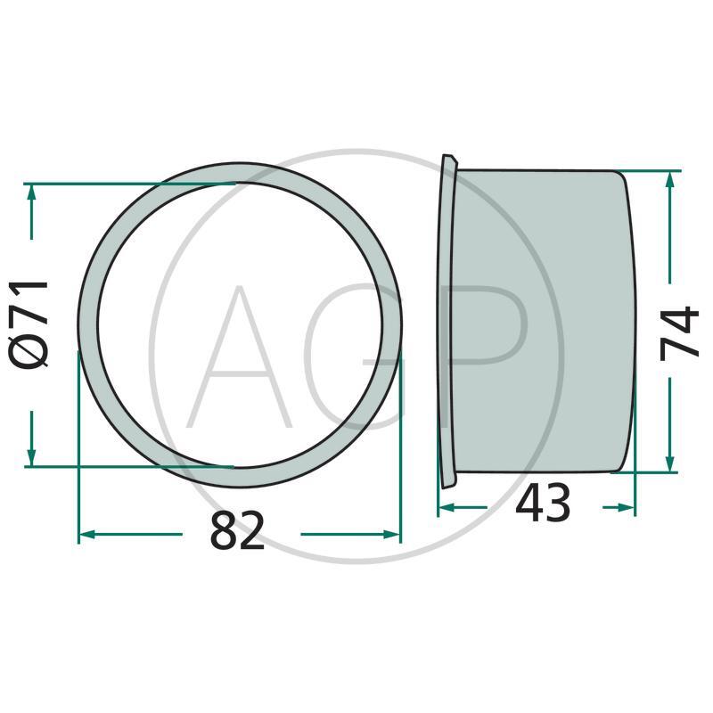 Kluzné pouzdro s lemem pro Deutz-Fahr, Vicon/PZ, vnitřní Ø 71 mm, vnější Ø 74 mm, lem Ø 82 mm, na série KM, CM