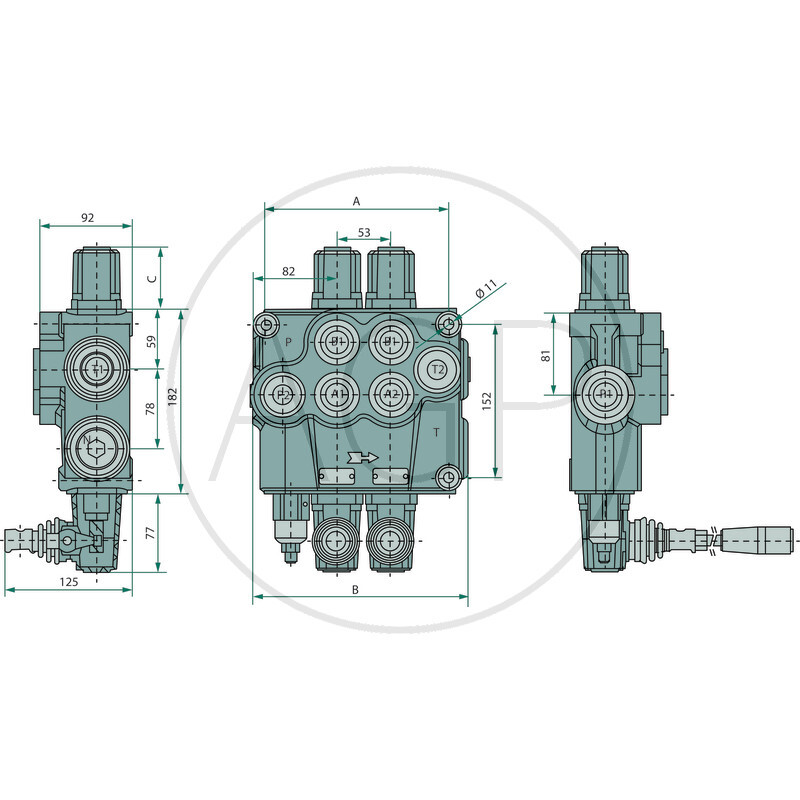 Ventil P120 3x dvoučínný (A-B uzavřený / zpětná pružina)