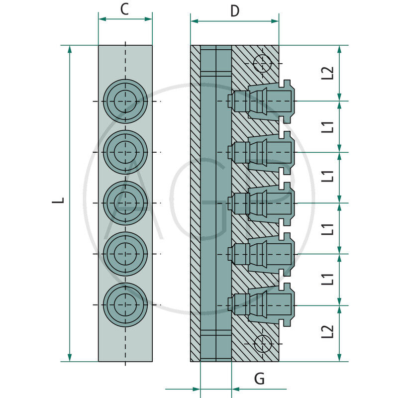 B-VT-5x4-2x1/8-AL Rozdělovací blok