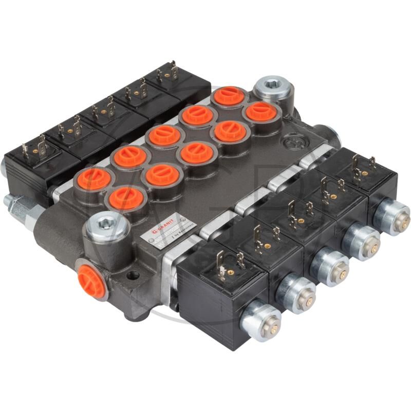 Hydraulický rozvaděč 40 L 24V 5x dvoučinný (A-B uzavřený) elektricky ovládaný.