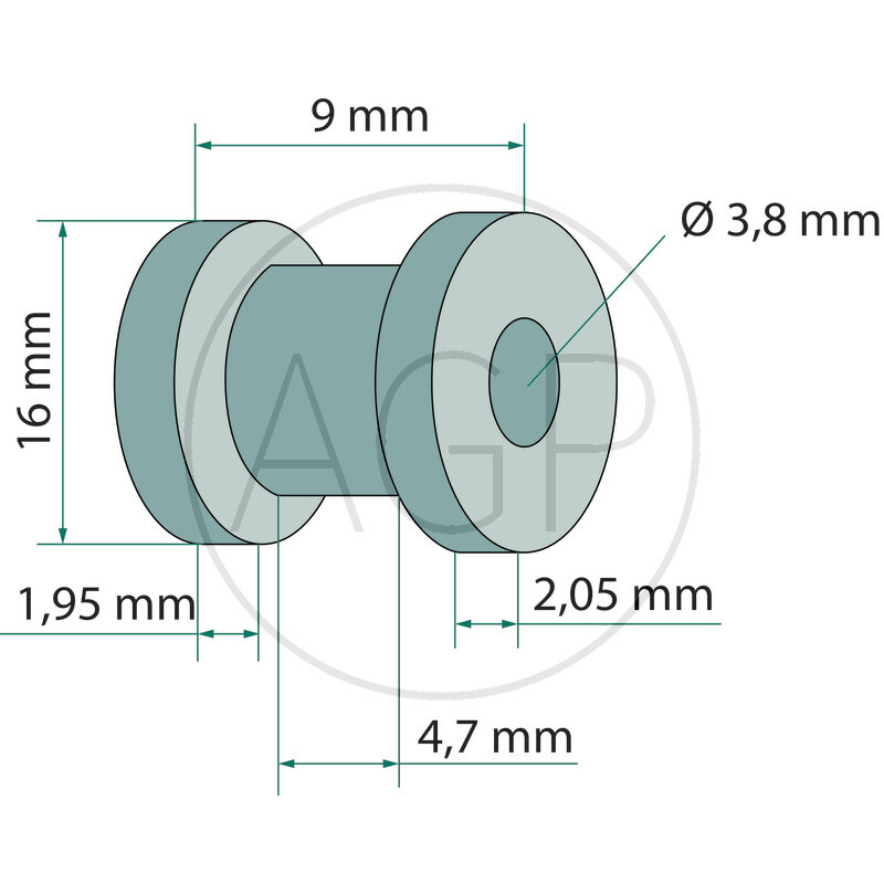 Závit oka o délce 9 mm a vnějším průměru 16 mm