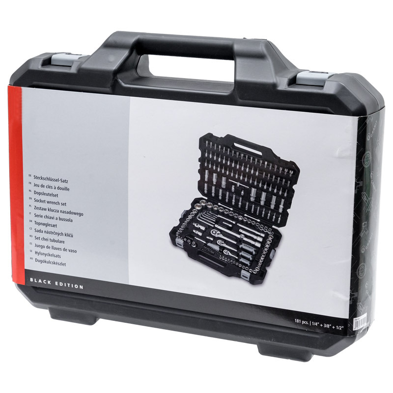 Sada Black Edition nástrčných klíčů 181-dílná v kufru o velikosti 1/4, 3/8, 1/2
