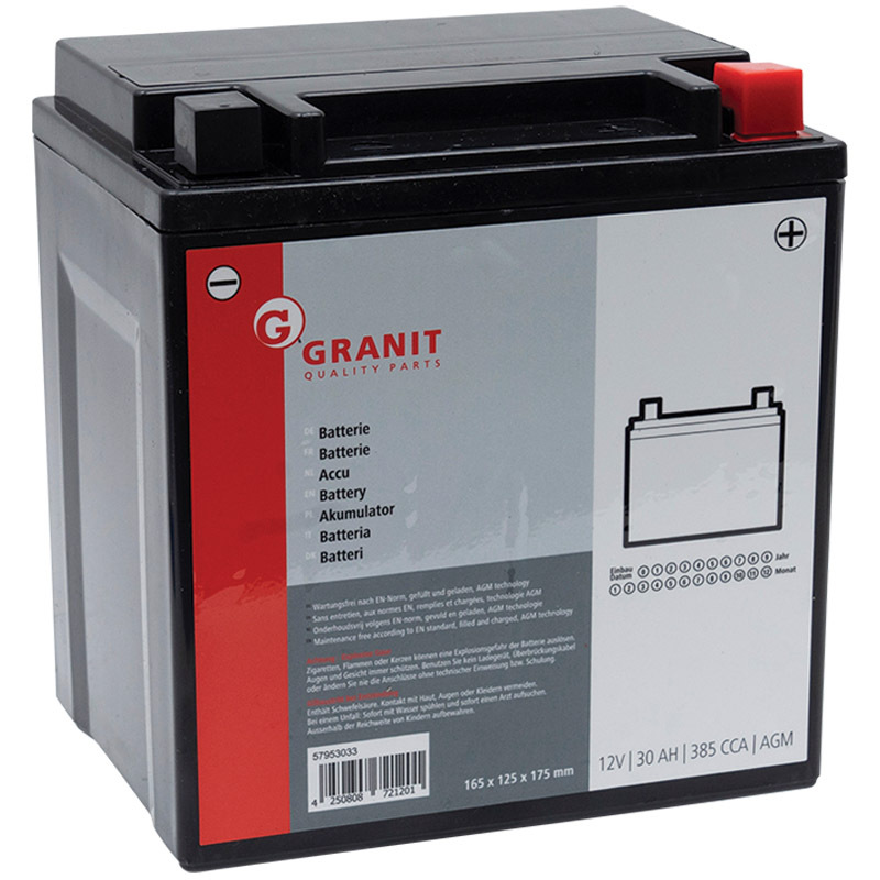 Baterie AGM 12V 30Ah 385A uzavřená a bezúdržbová pro zahradní traktory a další zahradní a komunální techniku