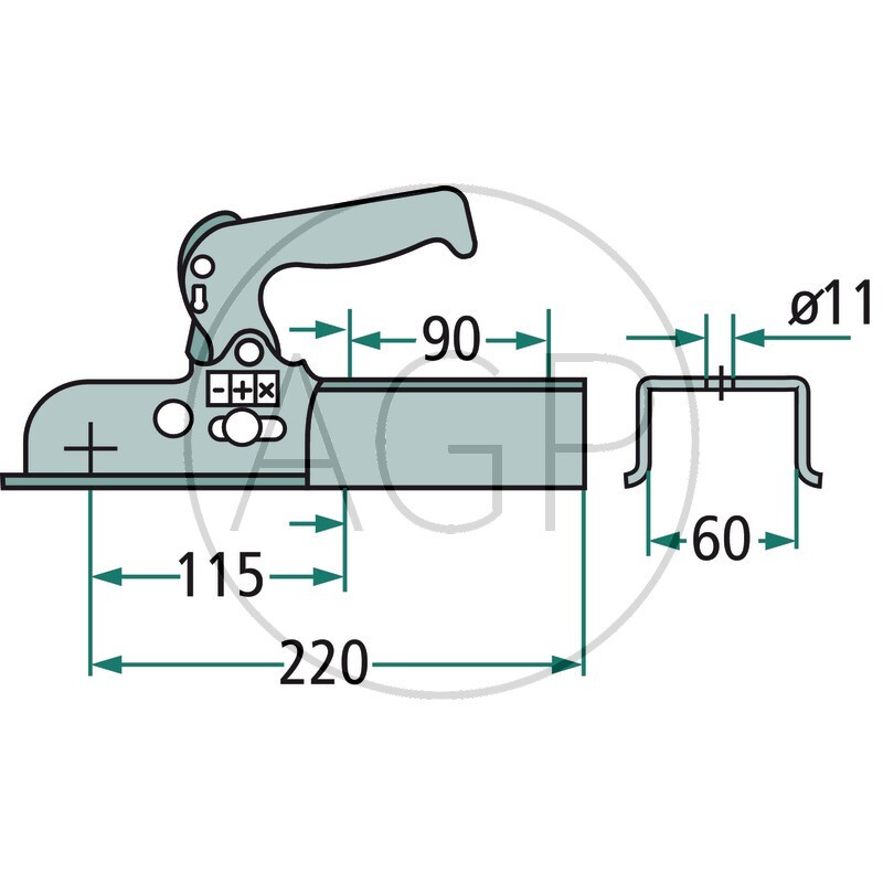Tažný kloub žehlička pro nebržděný přívěsný vozík do 800 kg rozměr oje 60 mm