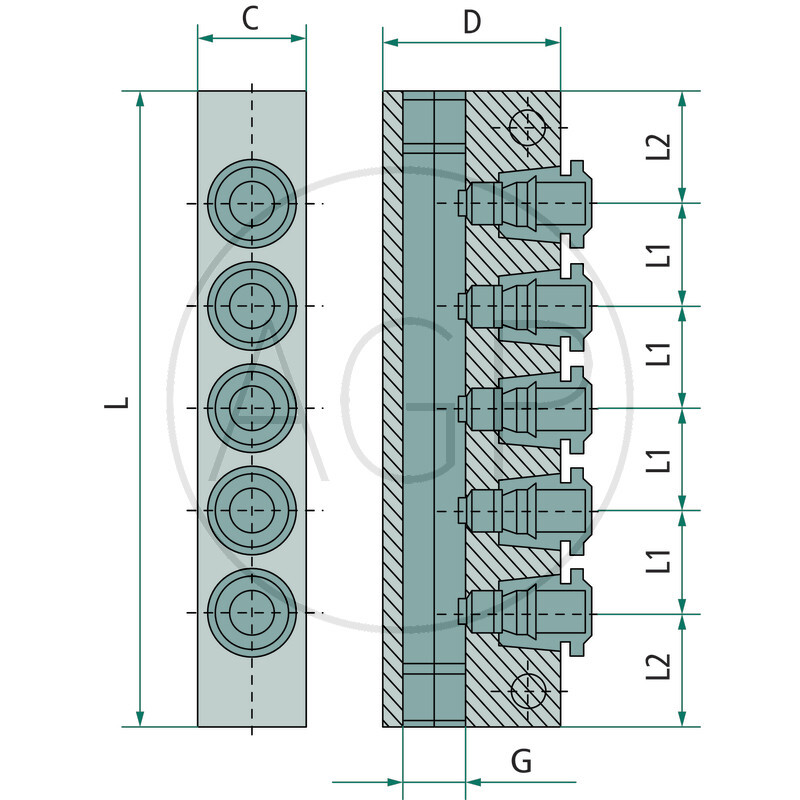 B-VT-5x8-2x1/4-AL Rozdělovací blok