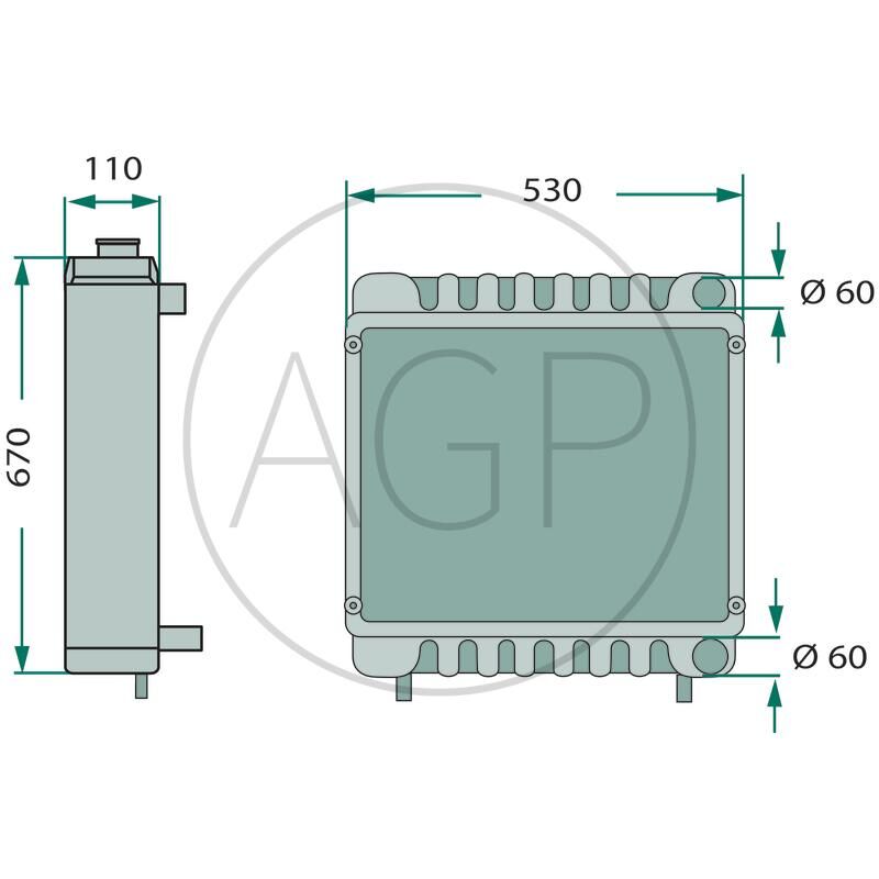 Chladič pro traktory John Deere o výšce 670 mm, šířce 530 mm a hloubce 110 mm