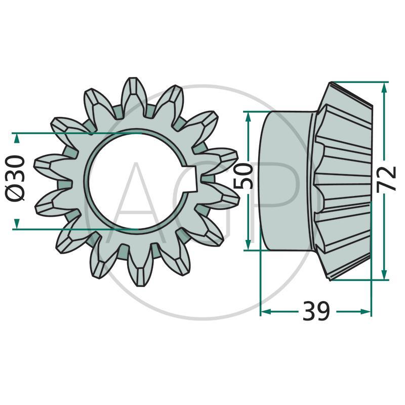 Kuželové ozubené kolo, 14 zubů, vhodné pro Deutz-Fahr, Kuhn, Taarup, Vicon/PZ, na typy CM 189, 190, 210, 211, 211F, 212, 212F, 230, 265A, 270A