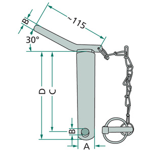 Zajišťovací čep o průměru 28 mm a délce 151 mm pro spodní ramena tříbodového závěsu traktoru s řetězem a závlačkou