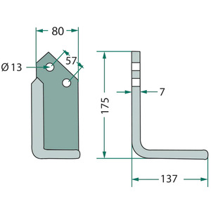 Frézovací nůž pravý pro rotavátory Howard a Agricom o rozměru 175 x 137 mm