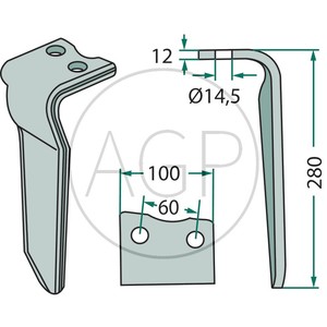 Hřeb do rotačních bran levý pravotočivý vhodný pro Howard délka 280 mm