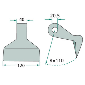 Kladivo mulčovače o šířce 120 mm s montážní dírou 20,5 mm pro mulčovače Becchio & Mandrile, Cabe, Desvoys, Forigo, Gilbers, Maschio, Kuhn, Tehnos