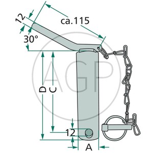 Kolík kat. 3 pro spodní závěs třetího bodu s řetězem a závlačkou délka 191 mm