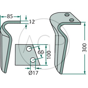 Hřeb do rotačních bran levý vhodný pro Breviglieri, Regent délka 300 mm