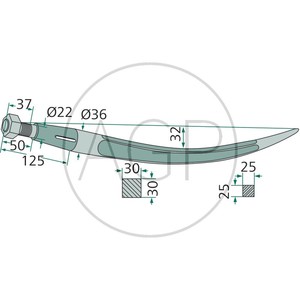 Zahnutý Blueline hrot pro drapákové vidle o délce 600 mm se závitem M20 x 1,5 vhodný pro Kverneland