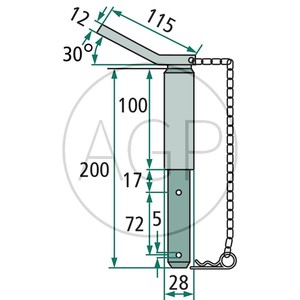 Kolík kat. 1-2 pro spodní závěs třetího bodu s řetězem a závlačkou o délce 200 mm