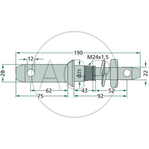 Kolík kat. 2-1 pro spodní závěs třetího bodu délka 190 mm závit M24 x 1,5