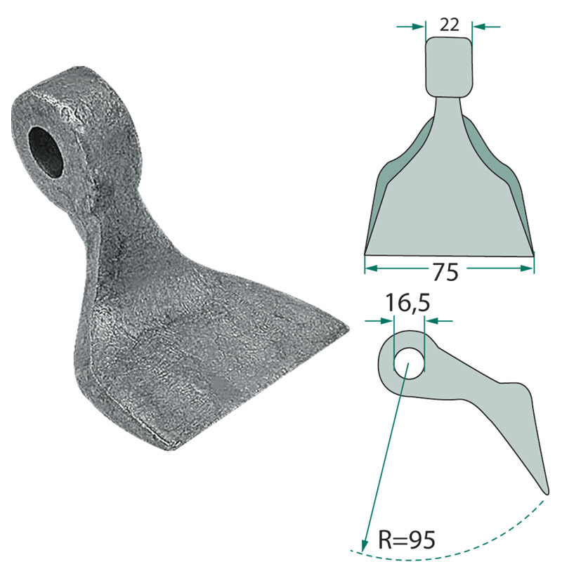 Mulčovací kladívko o šířce 75 mm s dírou o průměru 16,5 mm pro mulčovače Agritec, HMF, F.A.E