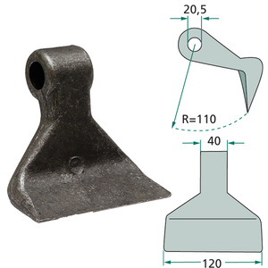 Kladivo mulčovače o šířce 120 mm s montážní dírou 20,5 mm pro mulčovače Becchio & Mandrile, Cabe, Desvoys, Forigo, Gilbers, Maschio, Kuhn, Tehnos