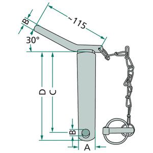 Kolík o průměru 22 mm pro spodní závěs třetího bodu s řetízkem a závlačkou o délce 151 mm