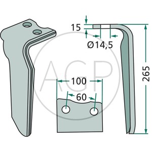 Hřeb do rotačních bran levý pravotočivý vhodný pro Howard, Remac délka 265 mm